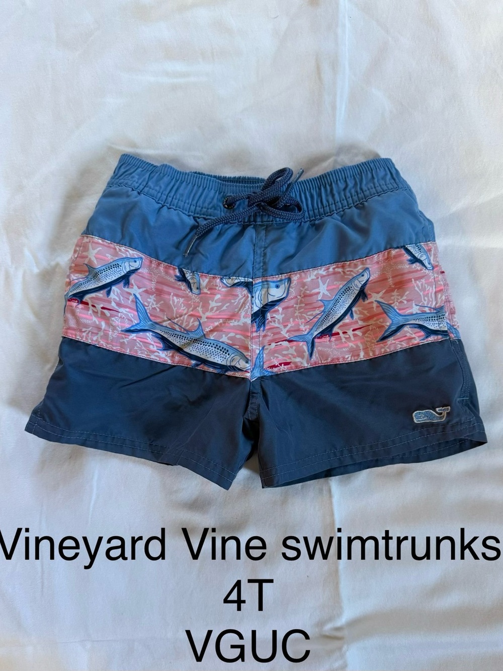 Vineyard Vines Boys Blue Swim Trunks with Pink Fish Stripe